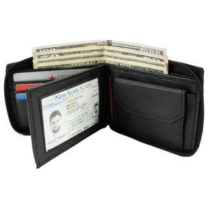 Men Wallet Leather ID Money Organizer Zipper Closure Black Bifold Wallet